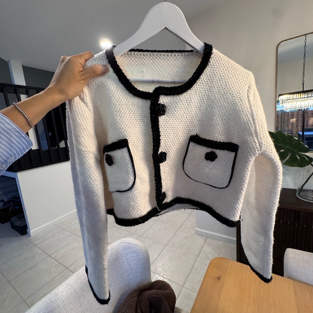 Cropped White Bouclé Cardigan with Black Trim